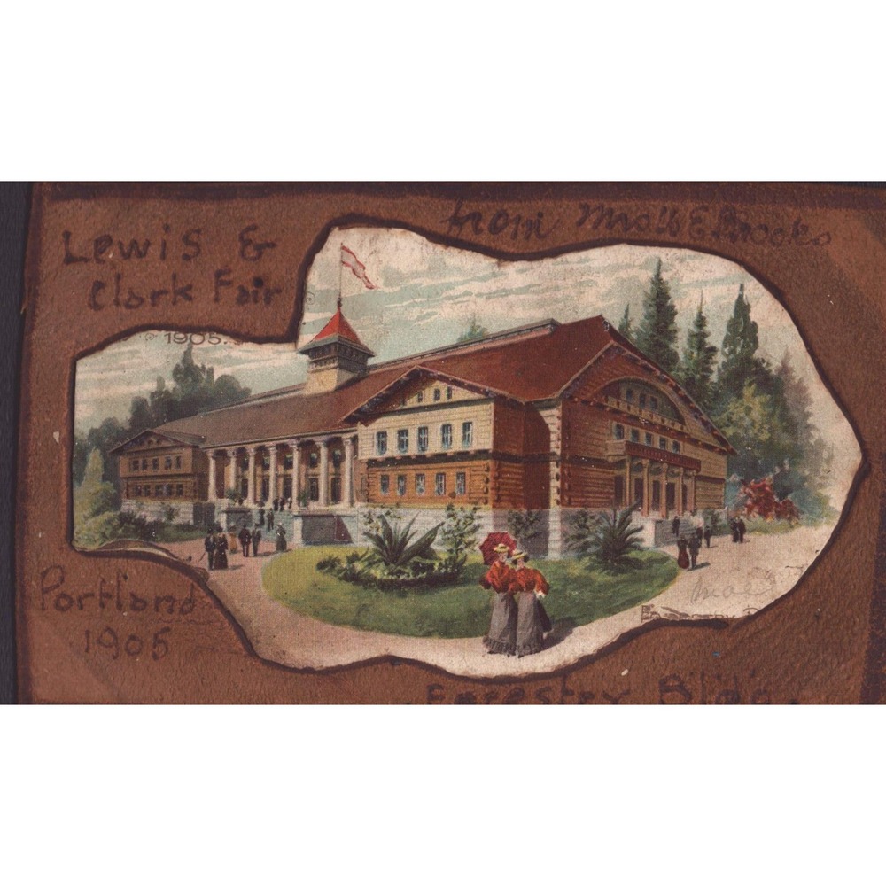 1905 Lewis & Clark Fair Portland Oregon Forestry Building Leather Postcard VG- - Picture 1 of 2